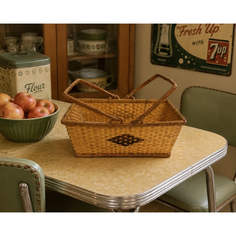 Vintage‎ Woven Wood Splint Picnic Basket Dual Swing Handles Brown Diamond 12x9x4